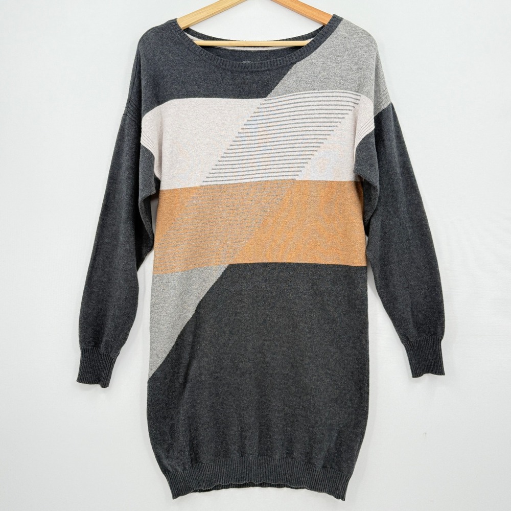 Prana Sweater Dress Women Small Gray Colorblock Geometric Mod Minimalist Boho